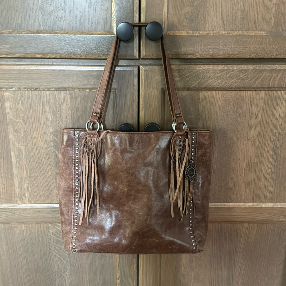 The Sak Brown Leather Studded Tote with Tassels
